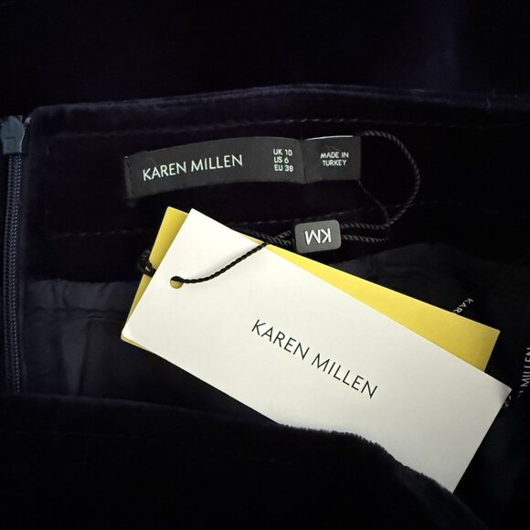 Karen Millen Tailored Velvet A-Line Skirt Button-Front Knee Navy Blue Sz 6 - Picture 3 of 7